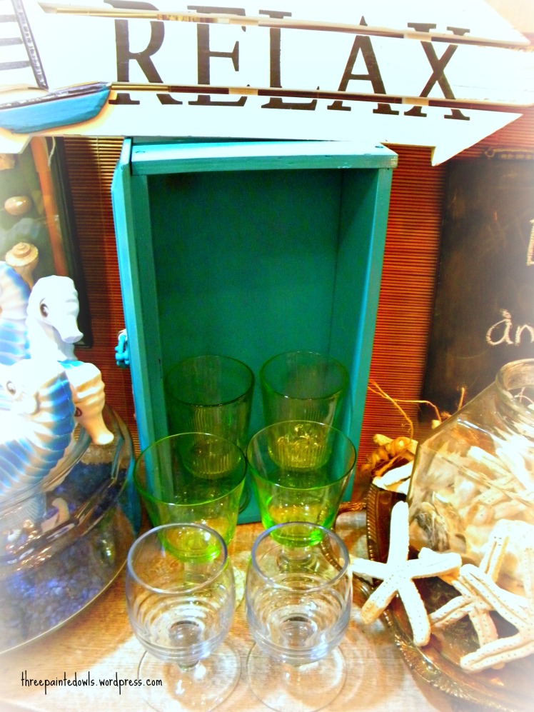 I have these great glasses in those sea glass colors. Stored in the drawers easy transport and clean up